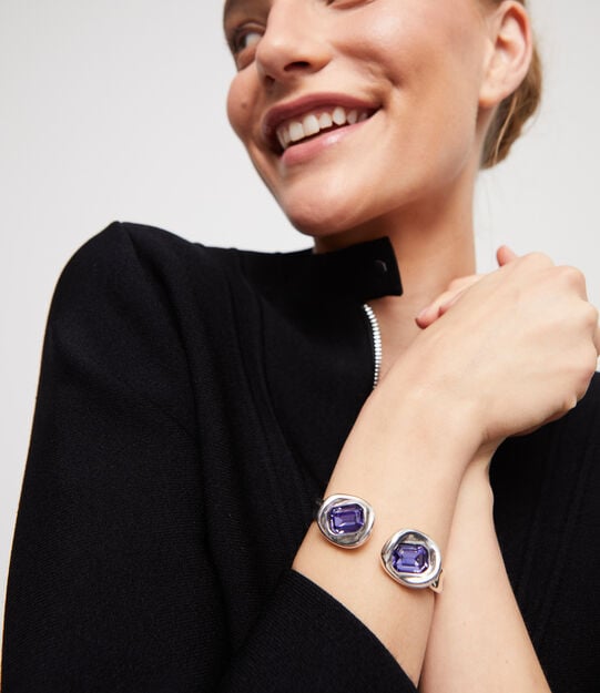 Bangle bracelet with two purple crystals, Silver, large